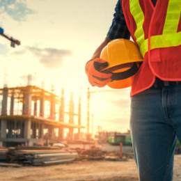 construction working standing in front of commercial project holding hard hat